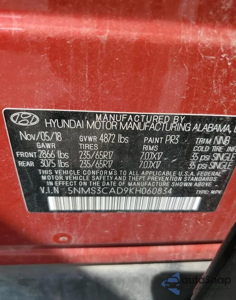 2019 Hyundai Santa Fe Sel from USA, damaged, VIN 5NMS3CAD9KH060834